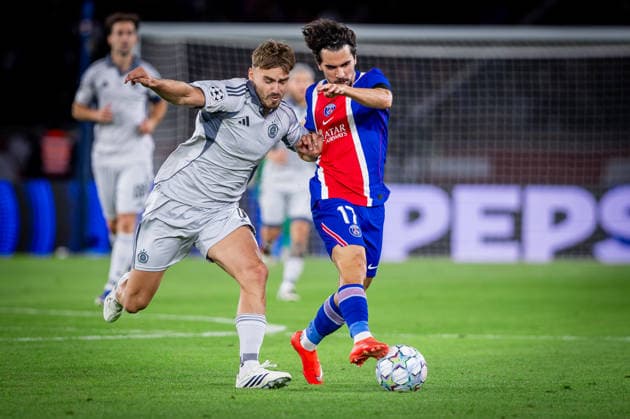 PARIS - SLOVAN BRATISLAVA Vitinha of PSG and Peter Pokorny of Slovan during the matchday 1 of League phase round of UEFA Champions league football match between Paris Saint Germain and SK Slovan Bratislava at Parc des Princes. Paris, France, September 09, 2026. Copyright: xx 080A4334
