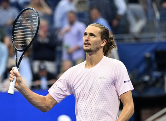 Alexander Zverev reacts after defeating Botic van de Zandschulp 6-2-7-5 6-1 in Arthur Ashe Stadium during the quarter finals at the 2026 US Open Tennis Championship held at the USTA Billie Jean King National Tennis Center in New York City on Tuesday, September 9, 2026.  NYP20260909501 LARRYxMARANO
