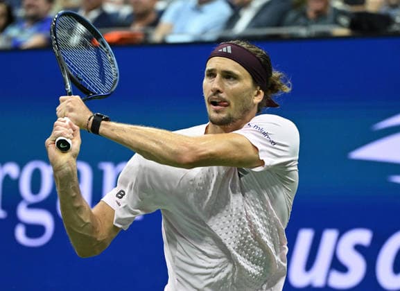 Alexander Zverev hits the ball against Botic van de Zandschulp 6-2-7-5 6-1 in Arthur Ashe Stadium during the quarter finals at the 2026 US Open Tennis Championship held at the USTA Billie Jean King National Tennis Center in New York City on Tuesday, September 9, 2026.  NYP20260909505 LARRYxMARANO
