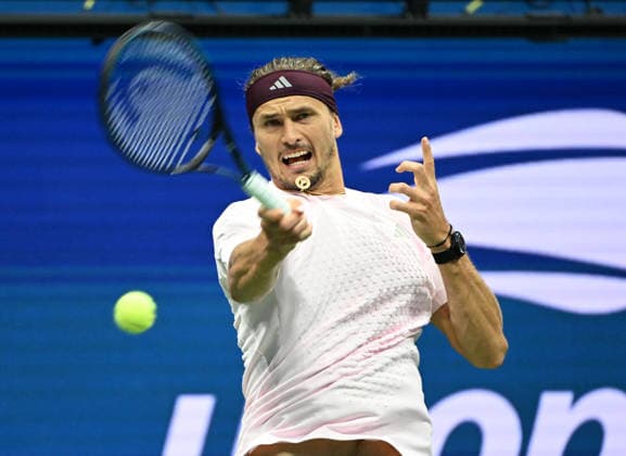 Alexander Zverev hits the ball against Botic van de Zandschulp 6-2-7-5 6-1 in Arthur Ashe Stadium during the quarter finals at the 2026 US Open Tennis Championship held at the USTA Billie Jean King National Tennis Center in New York City on Tuesday, September 9, 2026.  NYP20260909508 LARRYxMARANO