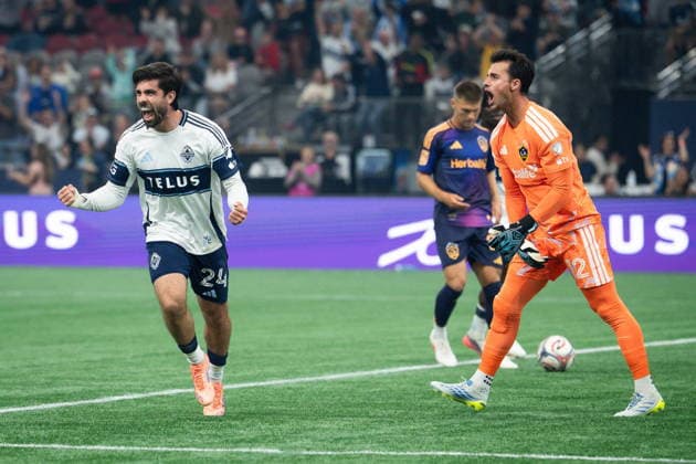 September 9, 2026, Vancouver, Bc, CANADA: Vancouver Whitecaps Brian White (24) celebrates his goal as Los Angeles Galaxy goalkeeper JT Marcinkowski (12) reacts during the first half of an MLS, Fussball Herren, USA soccer match in Vancouver on Wednesday, Sept. 9, 2026. Canada News - September 9, 2026  - ZUMAc35_ 20260909_zaf_c35_157 Copyright: xEthanxCairnsx