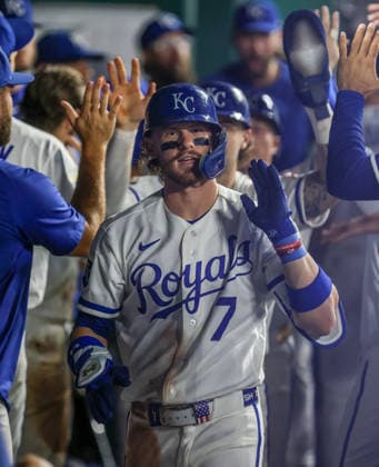 SEP 9, 2026: Kansas City Royals shortstop Bobby Witt Jr. (7) celebrates in the dugout after hitting a home run in the 5th inning against the Diamondbacks at Kauffman Stadium Kansas City, MO. CSM Kansas City United States - ZUMAc04_ 20260909_zma_c04_160 Copyright: xRomanxPunox