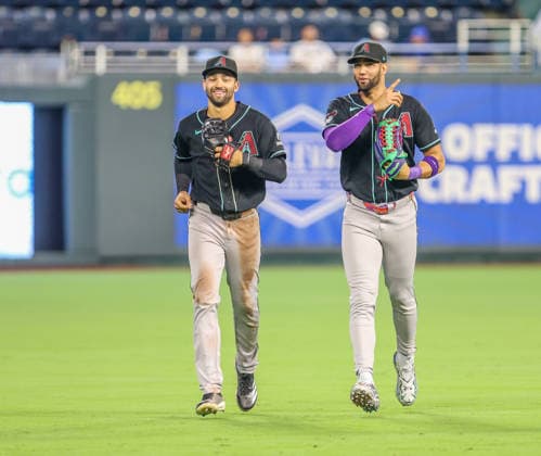 SEP 9, 2026: Arizona Diamondbacks center fielder Jordan Lawlar (10) and Arizona Diamondbacks outfielder Lourdes Gurriel Jr. (12) comes off the field in the 6th inning against the Kansas City Royals at Kauffman Stadium Kansas City, MO. CSM Kansas City United States - ZUMAc04_ 20260909_zma_c04_167 Copyright: xRomanxPunox