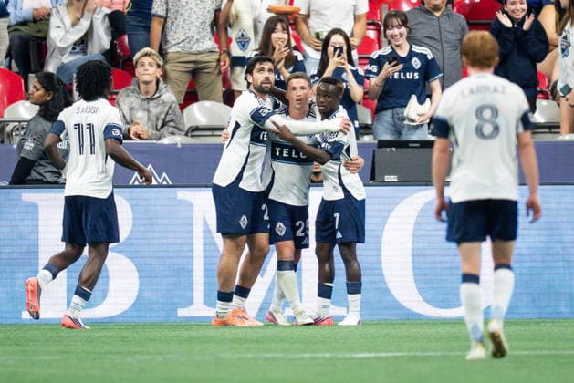 September 9, 2026, Vancouver, Bc, CANADA: Vancouver Whitecaps Ryan Gauld (25) celebrates his goal against the Los Angeles Galaxy with Brian White, second left, and Cheick Sabaly (7) during the second half of an MLS, Fussball Herren, USA soccer match in Vancouver on Wednesday, Sept. 9, 2026. Canada News - September 9, 2026 - ZUMAc35_ 20260909_zaf_c35_162 Copyright: xEthanxCairnsx