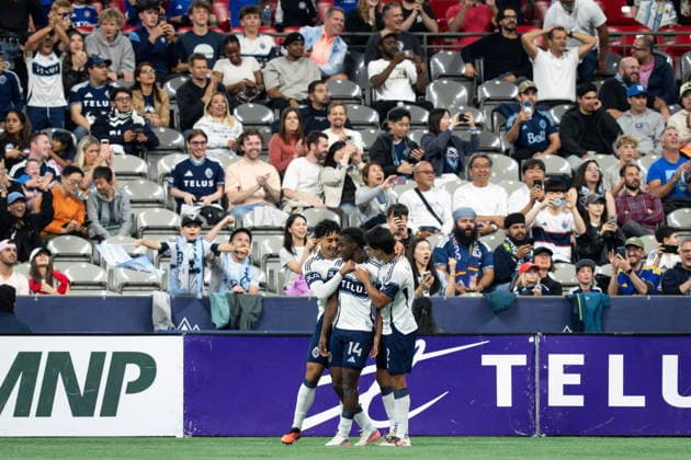 September 9, 2026, Vancouver, Bc, CANADA: Vancouver Whitecaps Bruno Caicedo (14) celebrates his goal against the Los Angeles Galaxy with with his teammates during the second half of an MLS, Fussball Herren, USA soccer match in Vancouver on Wednesday, Sept. 9, 2026. Canada News - September 9, 2026  - ZUMAc35_ 20260909_zaf_c35_171 Copyright: xEthanxCairnsx