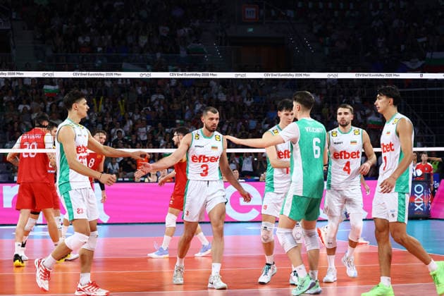 Men s European Volleyball Championship Bulgaria players celebrate after the match against North Macedonia during the Men s European Volleyball Championship in Sofia, Bulgaria, on September 9, 2026. Sofia Bulgaria  Copyright: xSTRx originalFilename:str-menseuro260909_npMGo.jpg