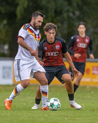 Ingolstadt Gerolfing, Germany, September 9, 2026, Friendly Match 2026–2027: FC Ingolstadt 04 II vs. German National Police Team. Pictured, second from left in a tackle: Maximilian Wagner (FCI), Hörgeräte Langer Stadium, Bavaria Copyright: xFotostandx xSchäferx
