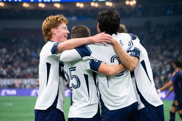 VANCOUVER, CANADA - SEPTEMBER 9: Brian White of Vancouver Whitecaps FC celebrates and hugs teammates after scoring their first goal during the Major League Soccer match between Vancouver Whitecaps FC and LA Galaxy at BC Place Stadium on September 9, 2026 in Vancouver, British Columbia, Canada. Copyright: xAmyxElle SPPx Sportspressphoto_SPR227568
