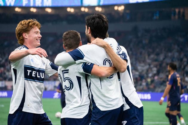 VANCOUVER, CANADA - SEPTEMBER 9: Brian White of Vancouver Whitecaps FC celebrates and hugs teammates after scoring their first goal during the Major League Soccer match between Vancouver Whitecaps FC and LA Galaxy at BC Place Stadium on September 9, 2026 in Vancouver, British Columbia, Canada. Copyright: xAmyxElle SPPx Sportspressphoto_SPR227569