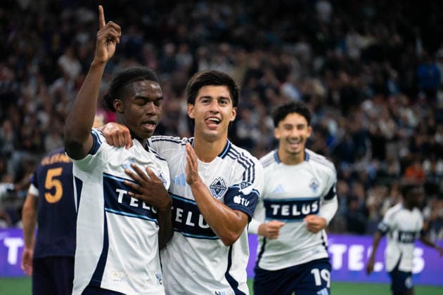 VANCOUVER, CANADA - SEPTEMBER 9: Bruno Caicedo of Vancouver Whitecaps FC celebrates with Mathias Laborda of Vancouver Whitecaps FC after scoring a penalty goal during the Major League Soccer match between Vancouver Whitecaps FC and LA Galaxy at BC Place Stadium on September 9, 2026 in Vancouver, British Columbia, Canada. Copyright: xAmyxElle SPPx Sportspressphoto_SPR227577