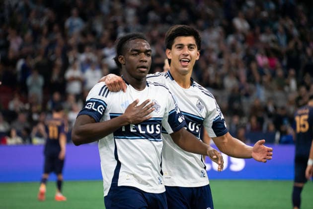 VANCOUVER, CANADA - SEPTEMBER 9: Bruno Caicedo of Vancouver Whitecaps FC celebrates with Mathias Laborda of Vancouver Whitecaps FC after scoring a penalty goal during the Major League Soccer match between Vancouver Whitecaps FC and LA Galaxy at BC Place Stadium on September 9, 2026 in Vancouver, British Columbia, Canada. Copyright: xAmyxElle SPPx Sportspressphoto_SPR227578
