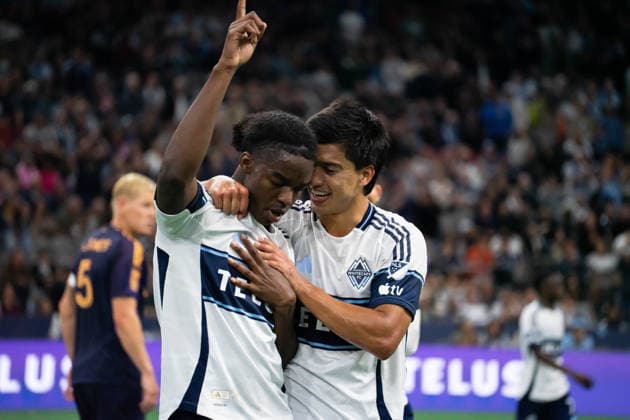 VANCOUVER, CANADA - SEPTEMBER 9: Bruno Caicedo of Vancouver Whitecaps FC celebrates with Mathias Laborda of Vancouver Whitecaps FC after scoring a penalty goal during the Major League Soccer match between Vancouver Whitecaps FC and LA Galaxy at BC Place Stadium on September 9, 2026 in Vancouver, British Columbia, Canada. Copyright: xAmyxElle SPPx Sportspressphoto_SPR227579