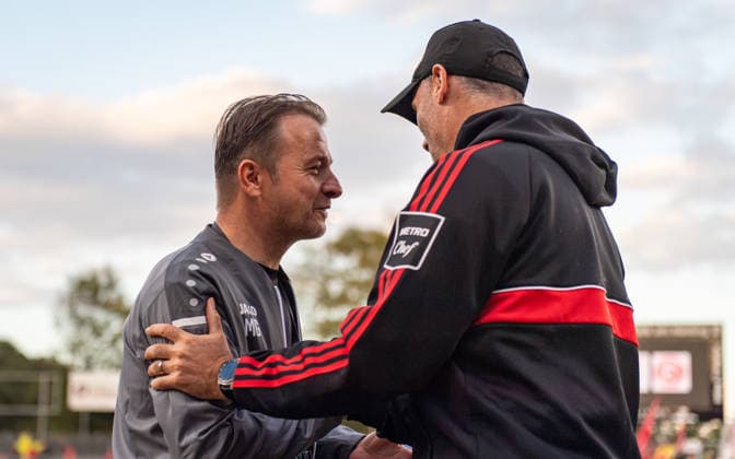 Soccer, 2026–2027 Season, Lower Rhine Cup, September 9, 2026, First Round, Men’s, SV Biemenhorst White vs. Fortuna Düsseldorf Black; from left: Miroslaw Giruc, coach of SV Biemenhorst; Alexander Ende, coach of Fortuna Düsseldorf; Bocholt, Stadion am Huenting, Germany 260909_fb_sv-biemenhorst_fortuna-duesseldorf_58744