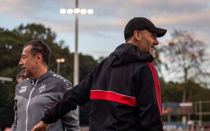 Soccer, 2026–2027 Season, Lower Rhine Cup, September 9, 2026, First Round, Men’s Division, SV Biemenhorst White vs. Fortuna Düsseldorf Black; from left: Muhammet Sezen, Assistant Coach, SV Biemenhorst; Alexander Ende, Head Coach, Fortuna Düsseldorf; Bocholt Stadion am Huenting, Germany 260909_fb_sv-biemenhorst_fortuna-duesseldorf_58745