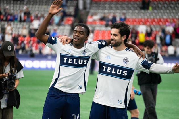 VANCOUVER, CANADA - SEPTEMBER 9: Brian White of Vancouver Whitecaps FC and Bruno Caicedo of Vancouver Whitecaps FC celebrate after winning the Major League Soccer match between Vancouver Whitecaps FC and LA Galaxy at BC Place Stadium on September 9, 2026 in Vancouver, British Columbia, Canada. Copyright: xAmyxElle SPPx Sportspressphoto_SPR227588