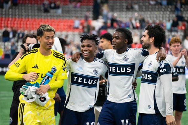 VANCOUVER, CANADA - SEPTEMBER 9: Yohei Takaoka of Vancouver Whitecaps FC, Edier Ocampo of Vancouver Whitecaps FC, Bruno Caicedo of Vancouver Whitecaps FC and Brian White of Vancouver Whitecaps FC celebrate after winning the Major League Soccer match between Vancouver Whitecaps FC and LA Galaxy at BC Place Stadium on September 9, 2026 in Vancouver, British Columbia, Canada. Copyright: xAmyxElle SPPx Sportspressphoto_SPR227589