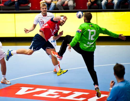 Thomas Mogonsen of Flensburg and Drott goalkeeper Robert Bladh during the Champions League match between Drott and Flensburg on September 25, 2013, in Halmstad, Sweden  Copyright: xAvdoxBilkanovicx