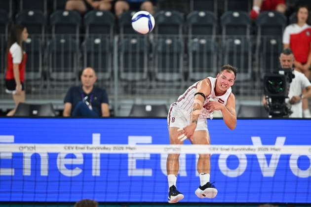 CEV EuroVolley 2026, Romania - Latvia, 09 September 2026 Kristaps Smits of Latvia plays during the CEV EuroVolley 2026 game between Romania and Latvia, in Cluj Napoca, Romania, 9 September 2026. Copyright: xAlexxNicodimx
