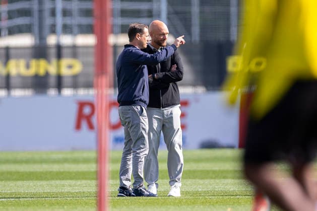 10.09.2026, Fussball, Training von Borussia Dortmund. v. l. Geschäftsführer Lars Ricken (Borussia Dortmund), Sportdirektor Ole Book (Borussia Dortmund). Dortmund Trainingsgelände des BVB NRW Deutschland xRHR-FOTO DEx *** September 10, 2026, Soccer, Borussia Dortmund practice; from left: Lars Ricken, Managing Director of Sports, Borussia Dortmund; Ole Book, Director of Sports, Borussia Dortmund; BVB training facility, NRW, Germany; xRHR PHOTO DEx Copyright: DennisxEwert RHR-FOTOx RHR-FOTO DE