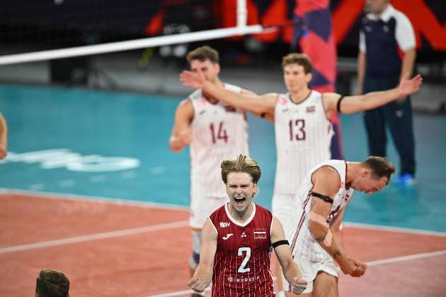 CEV EuroVolley 2026, Romania - Latvia, 09 September 2026 Kaspars Kronbergs, Kristers Landzans and Armands Rokjans plays during the CEV EuroVolley 2026 game between Romania and Latvia, in Cluj Napoca, Romania, 9 September 2026. Copyright: xAlexxNicodimx