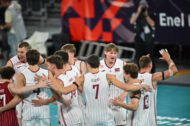 CEV EuroVolley 2026, Romania - Latvia, 09 September 2026 Kristaps Smits, Janis Medenis, eDUARDS dUDENS, Kaspars Kronbergs, Kristers Landzans and Armands Rokjans plays during the CEV EuroVolley 2026 game between Romania and Latvia, in Cluj Napoca, Romania, 9 September 2026. Copyright: xAlexxNicodimx