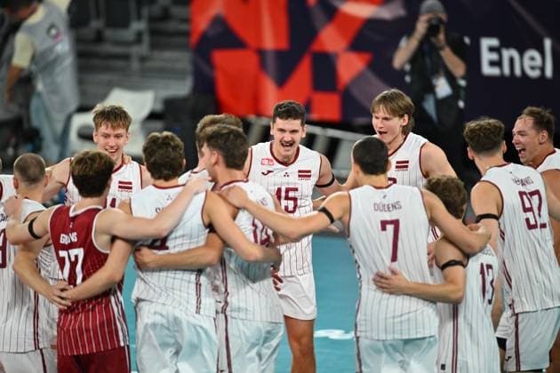 CEV EuroVolley 2026, Romania - Latvia, 09 September 2026 Kristaps Smits, Janis Medenis, eDUARDS dUDENS, Kaspars Kronbergs, Kristers Landzans and Armands Rokjans plays during the CEV EuroVolley 2026 game between Romania and Latvia, in Cluj Napoca, Romania, 9 September 2026. Copyright: xAlexxNicodimx