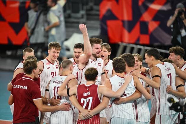 CEV EuroVolley 2026, Romania - Latvia, 09 September 2026 Kristaps Smits, Janis Medenis, eDUARDS dUDENS, Kaspars Kronbergs, Kristers Landzans and Armands Rokjans plays during the CEV EuroVolley 2026 game between Romania and Latvia, in Cluj Napoca, Romania, 9 September 2026. Copyright: xAlexxNicodimx