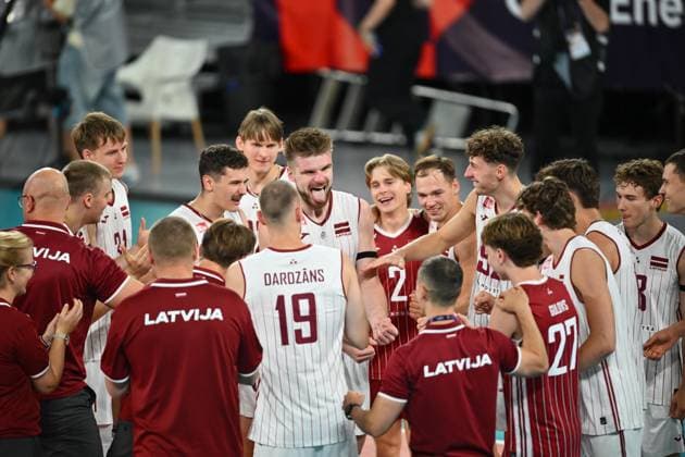 CEV EuroVolley 2026, Romania - Latvia, 09 September 2026 Kristaps Smits, Janis Medenis, eDUARDS dUDENS, Kaspars Kronbergs, Kristers Landzans and Armands Rokjans plays during the CEV EuroVolley 2026 game between Romania and Latvia, in Cluj Napoca, Romania, 9 September 2026. Copyright: xAlexxNicodimx