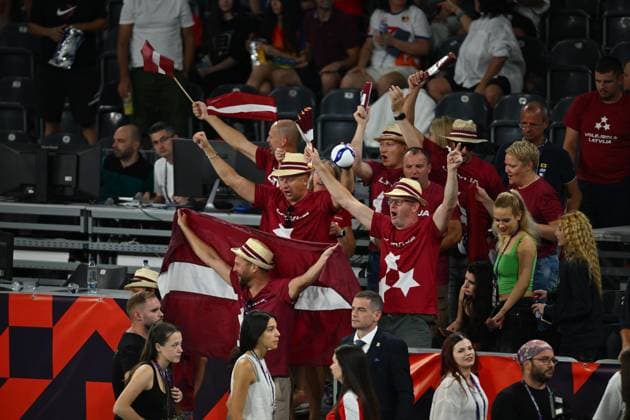 CEV EuroVolley 2026, Romania - Latvia, 09 September 2026 Kristaps Smits, Janis Medenis, eDUARDS dUDENS, Kaspars Kronbergs, Kristers Landzans and Armands Rokjans plays during the CEV EuroVolley 2026 game between Romania and Latvia, in Cluj Napoca, Romania, 9 September 2026. Copyright: xAlexxNicodimx