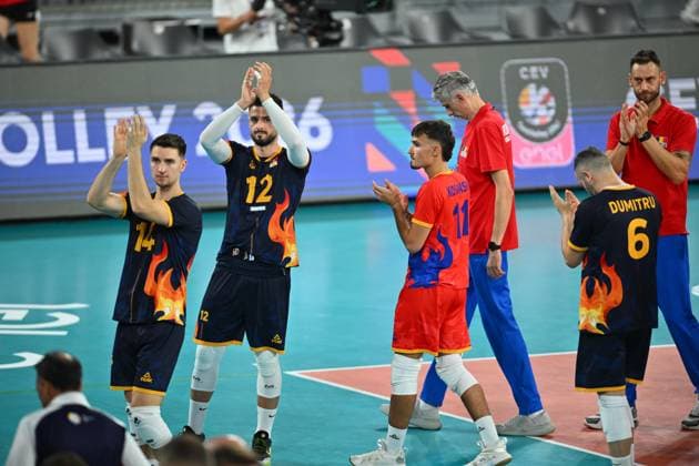CEV EuroVolley 2026, Romania - Latvia, 09 September 2026 Kristaps Smits, Janis Medenis, eDUARDS dUDENS, Kaspars Kronbergs, Kristers Landzans and Armands Rokjans plays during the CEV EuroVolley 2026 game between Romania and Latvia, in Cluj Napoca, Romania, 9 September 2026. Copyright: xAlexxNicodimx