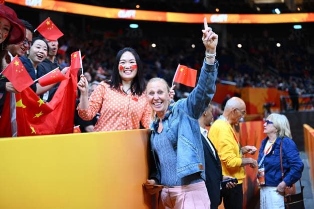 China v France - FIBA Women s Basketball World Cup 2026 Quarter-Final BERLIN, GERMANY - SEPTEMBER 10 : Ann Wauters belgian former professional basketball player with supporters and fans from China during the FIBA Women s Basketball World Cup quarter final match between China and France in Berlin on September 10, 2026 in Berlin, Germany, 10 09 2026 Berlin Germany  Copyright: xVincentxKalutx