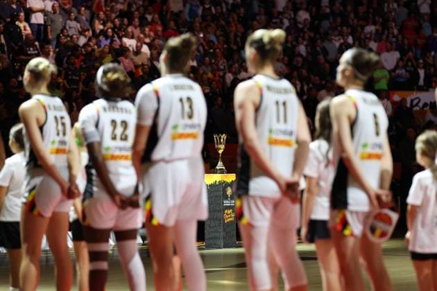 The trophy pictured before a basketball game between Germany and Belgium national team, Nationalteam Belgian Cats, a quarter final game at the FIBA Women s Basketball World Cup, on Thursday 10 September 2026, in Berlin, Germany. The FIBA Women s Basketball World Cup takes place in Berlin from 4 to 13 September 2026. VIRGINIExLEFOUR  x185865810x