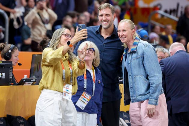 Dirk Nowitzki poses for a photo before the game during the FIBA Women s Basketball World Cup Germany 2026 quarterfinal match between Belgium and Germany at the Berlin Arena on September 10, 2026, in Berlin, Germany. Photo by Marco Steinbrenner, DeFodi Images