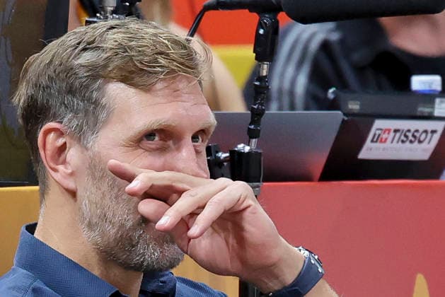 Dirk Nowitzki looks dejected during the FIBA Women s Basketball World Cup Germany 2026 quarterfinal match between Belgium and Germany at the Berlin Arena on September 10, 2026, in Berlin, Germany. Photo by Marco Steinbrenner, DeFodi Images