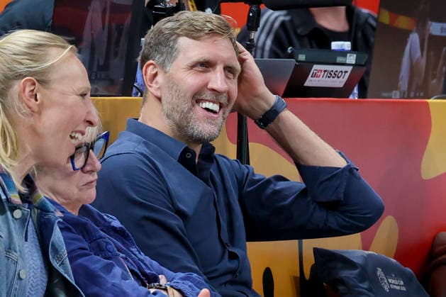 Dirk Nowitzki smiles during the FIBA Women s Basketball World Cup Germany 2026 quarterfinal match between Belgium and Germany at the Berlin Arena on September 10, 2026, in Berlin, Germany. Photo by Marco Steinbrenner, DeFodi Images