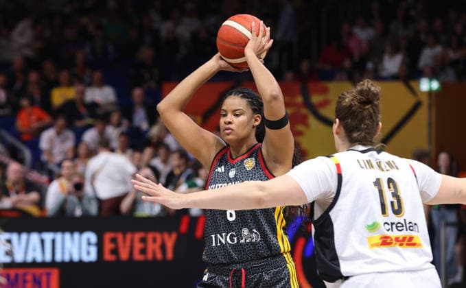 Nyara Sabally with the ball, Kyara Linskens in a matchup—game highlight, action, sports, basketball, FIBA World Cup, Women s World Championship, 2026–2027 season, October 9, 2026, Belgium (BEL) vs. DBB Germany (GER)