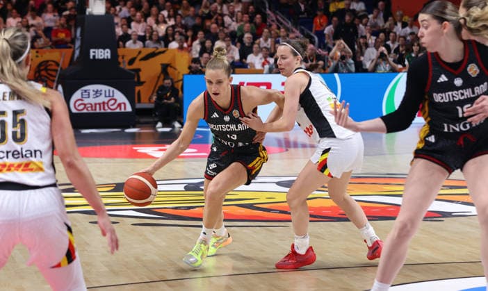 Leonie Fiebich with the ball, Antonia Delaere in a one-on-one matchup; game action; sports; basketball; FIBA World Cup; Women s World Championship; 2026–2027 season; October 9, 2026; Belgium (BEL) vs. DBB Germany (GER)