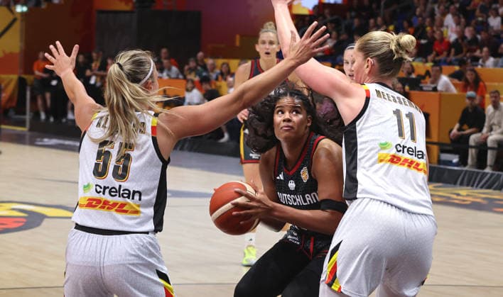 Julie Allemand, Nyara Sabally with the ball, Emma Meesseman in a duel; game scene, action, sports, basketball, FIBA World Cup, Women s World Championship, 2026-2027 season, October 9, 2026, Belgium (BEL) vs. DBB Germany (GER)