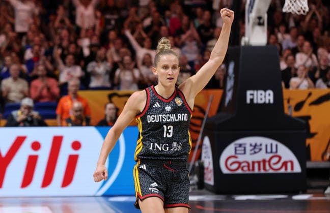 Leonie Fiebich celebrates three-pointer joy emotion celebration sports basketball FIBA World Cup World Championship Women s World Cup 2026-2027 season October 9, 2026 Belgium (BEL) vs. DBB Germany (GER)