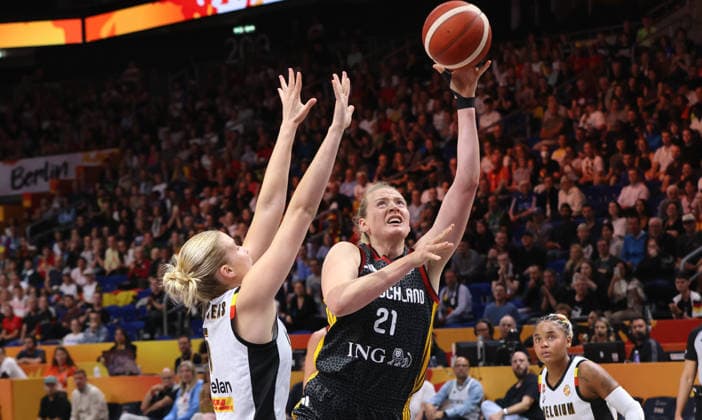 Nastja Claessens, Marie Gülich with the ball, one-on-one, game scene, action, sports, basketball, FIBA World Cup, World Championship, Women s World Cup, 2026–2027 season, October 9, 2026, Belgium (BEL) vs. DBB Germany (GER)