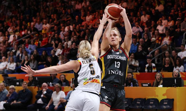 Nastja Claessens, Leonie Fiebich with the ball, one-on-one, game scene, action, sports, basketball, FIBA World Cup, Women s World Championship, 2026–2027 season, October 9, 2026, Belgium (BEL) vs. DBB Germany (GER)