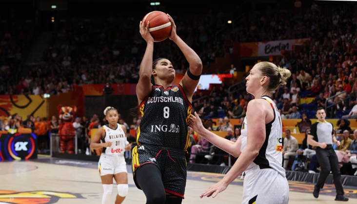 Nyara Sabally with the ball, Emma Meesseman in a duel; game scene, action, sports, basketball, FIBA World Cup, Women s World Championship, 2026-2027 season, October 9, 2026, Belgium (BEL) vs. DBB Germany (GER)