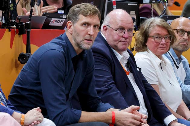 Dirk Nowitzki and Ingo Weiss, president of the German Basketball Federation, look dejected during the FIBA Women s Basketball World Cup Germany 2026 quarterfinal match between Belgium and Germany at the Berlin Arena on September 10, 2026, in Berlin, Germany. Photo by Marco Steinbrenner, DeFodi Images
