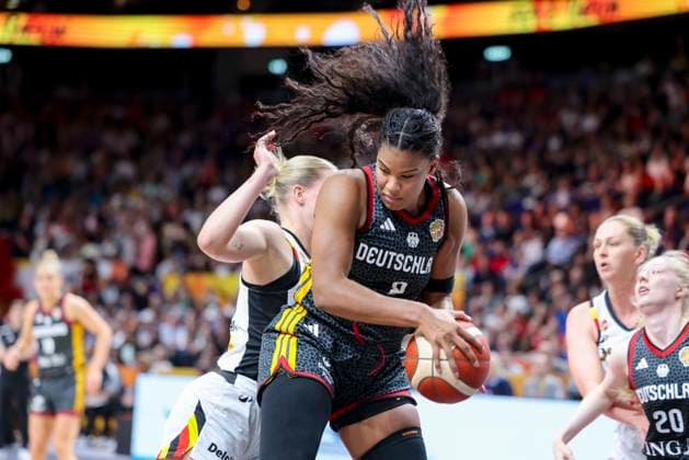 Nyara Sabally of Germany controls the ball during the FIBA Women s Basketball World Cup Germany 2026 quarterfinal match between Belgium and Germany at the Berlin Arena on September 10, 2026, in Berlin, Germany. Photo by Marco Steinbrenner, DeFodi Images