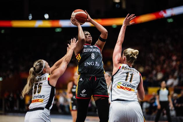 FIBA Women’s Basketball World Cup 2026: Belgium vs. Germany, September 10, 2026; Nyara Sabally (Germany), 8, vs. Emma Meesseman (Belgium), 11, and Julie Allemand (Belgium), 55; Basketball; FIBA Women’s Basketball World Cup 2026; Final Phase, Quarterfinals: Belgium vs. Germany on September 10, 2026, at the Uber Arena, Berlin Copyright: xBEAUTIFULxSPORTS Tonhäuserx