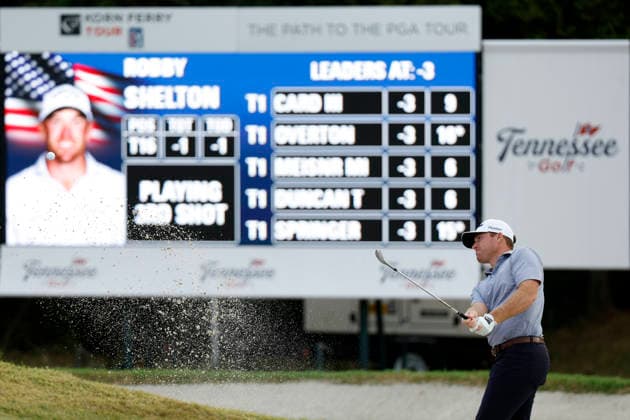 FRANKLIN, TN - SEPTEMBER 10: Robby Shelton hits from a green side bunker on No. 17 during the opening round of the Simmons Bank Open for the Snedeker Foundation, September 10, 2026, at Vanderbilt Legends Club in Franklin, Tennessee. (Photo by Matthew Maxey Icon Sportswire) GOLF: SEP 10 Korn Ferry Tour Simmons Bank Open EDITORIAL USE ONLY Icon260910006
