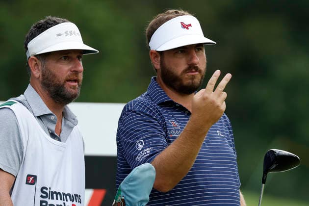 FRANKLIN, TN - SEPTEMBER 10: Taylor Dickson and his caddy discuss a shot on the No. 18 tee box during the opening round of the Simmons Bank Open for the Snedeker Foundation, September 10, 2026, at Vanderbilt Legends Club in Franklin, Tennessee. (Photo by Matthew Maxey Icon Sportswire) GOLF: SEP 10 Korn Ferry Tour Simmons Bank Open EDITORIAL USE ONLY Icon260910007