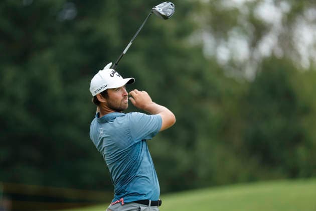 FRANKLIN, TN - SEPTEMBER 10: Jeremy Gandon reacts as he hits his tee shot on No. 18 during the opening round of the Simmons Bank Open for the Snedeker Foundation, September 10, 2026, at Vanderbilt Legends Club in Franklin, Tennessee. (Photo by Matthew Maxey Icon Sportswire) GOLF: SEP 10 Korn Ferry Tour Simmons Bank Open EDITORIAL USE ONLY Icon260910010