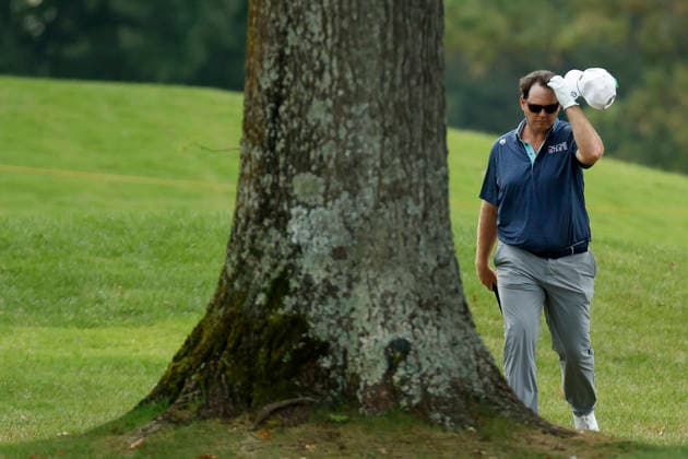 FRANKLIN, TN - SEPTEMBER 10: Harry Higgs wipes away sweat after hitting from behind a tree on No. 14 during the opening round of the Simmons Bank Open for the Snedeker Foundation, September 10, 2026, at Vanderbilt Legends Club in Franklin, Tennessee. (Photo by Matthew Maxey Icon Sportswire) GOLF: SEP 10 Korn Ferry Tour Simmons Bank Open EDITORIAL USE ONLY Icon260910015