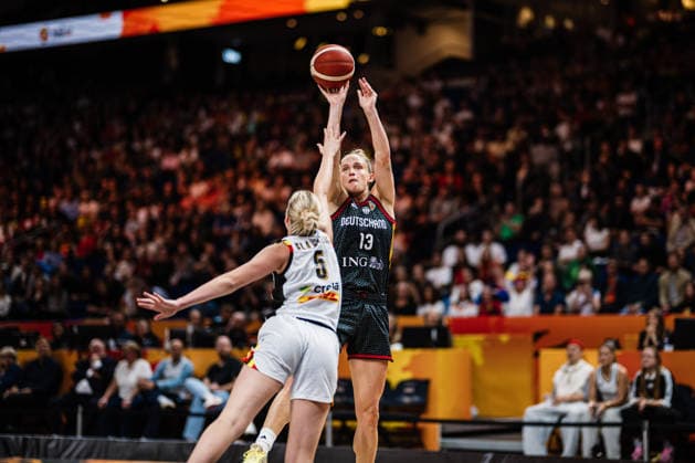 FIBA Women’s Basketball World Cup 2026: Belgium vs. Germany, September 10, 2026; Leonie Fiebich (Germany), 13 points; Nastja Claessens (Belgium), 5 points; Basketball; FIBA Women’s Basketball World Cup 2026; Final Phase, Quarterfinals: Belgium vs. Germany on September 10, 2026, at the Uber Arena, Berlin Copyright: xBEAUTIFULxSPORTS Tonhäuserx
